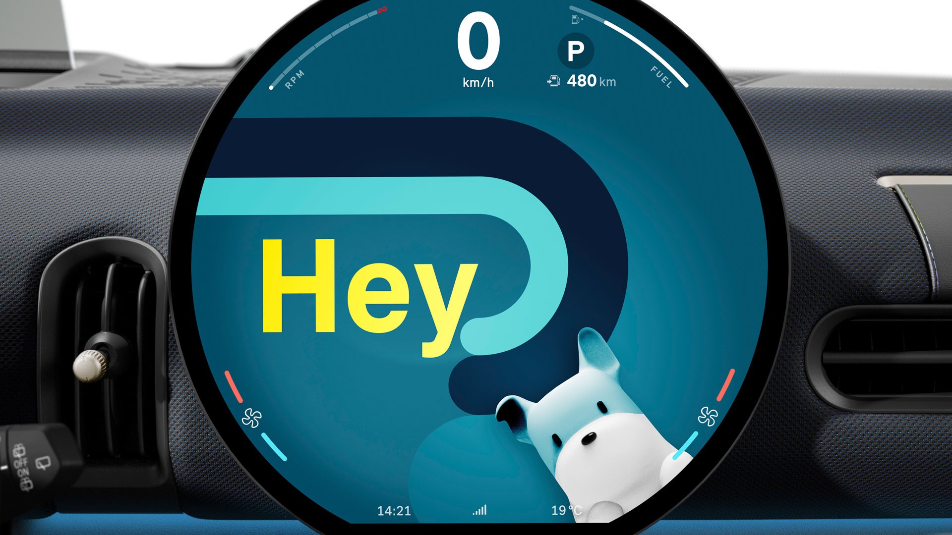 Écran digitale circulaire MINI affichant une interface d’accueil avec des informations de conduite.